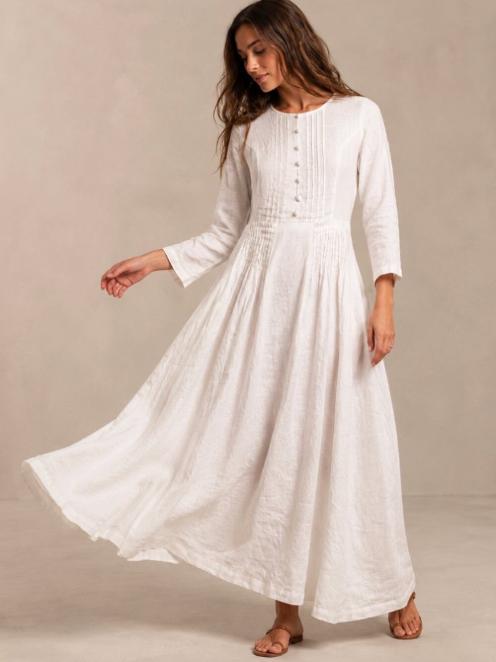 Linennaive Linen Dress Pleated Button Cottage Core White Large